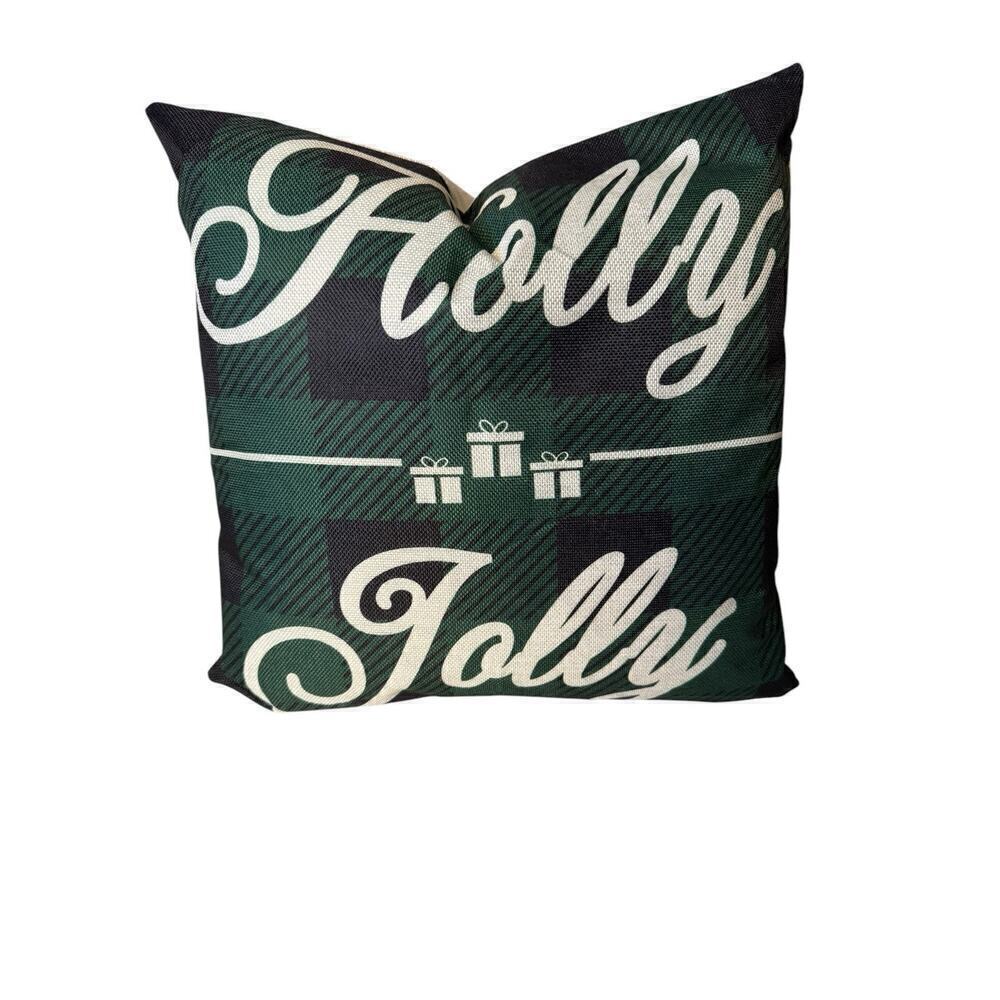 Christmas NEW Throw Pillow Case Cover Holly Jolly 20 X 20 Green Farmhouse